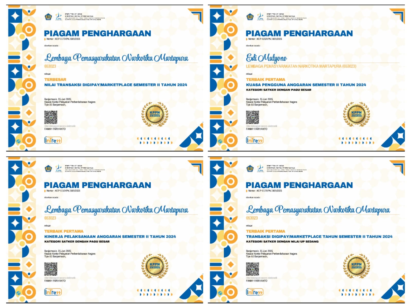 Sabet 4 Penghargaan Sekaligus, Lapas Narkotika Karang Intan Tunjukkan Kinerja Unggul dalam Pengelolaan Anggaran